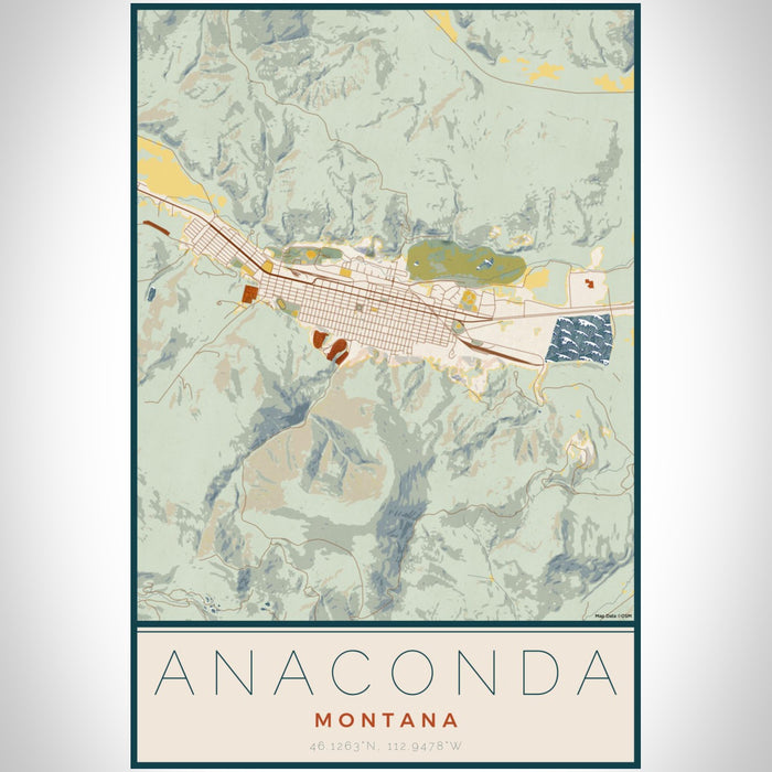 Anaconda Montana Map Print Portrait Orientation in Woodblock Style With Shaded Background