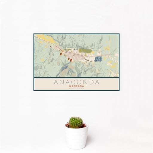 12x18 Anaconda Montana Map Print Landscape Orientation in Woodblock Style With Small Cactus Plant in White Planter
