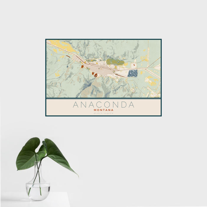 16x24 Anaconda Montana Map Print Landscape Orientation in Woodblock Style With Tropical Plant Leaves in Water