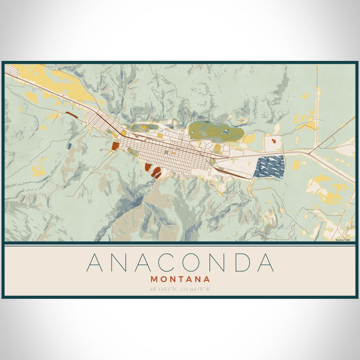 Anaconda Montana Map Print Landscape Orientation in Woodblock Style With Shaded Background