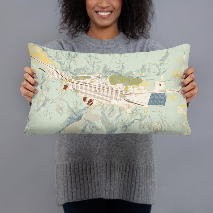 Person holding 20x12 Custom Anaconda Montana Map Throw Pillow in Woodblock