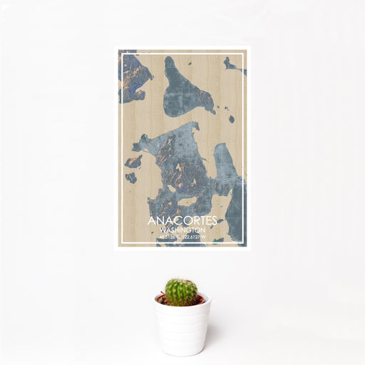 12x18 Anacortes Washington Map Print Portrait Orientation in Afternoon Style With Small Cactus Plant in White Planter