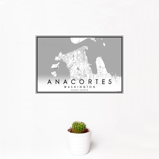 12x18 Anacortes Washington Map Print Landscape Orientation in Classic Style With Small Cactus Plant in White Planter