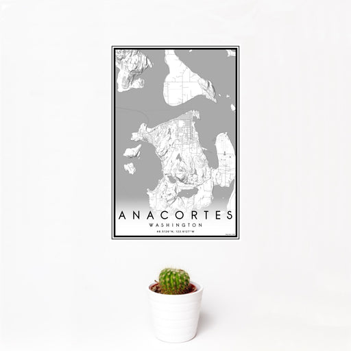 12x18 Anacortes Washington Map Print Portrait Orientation in Classic Style With Small Cactus Plant in White Planter