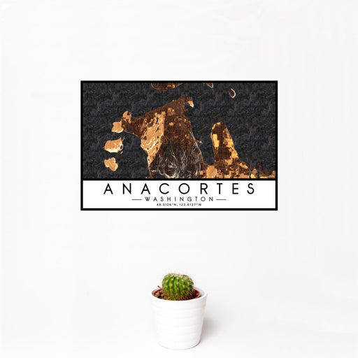 12x18 Anacortes Washington Map Print Landscape Orientation in Ember Style With Small Cactus Plant in White Planter