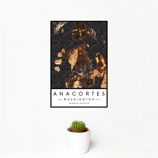12x18 Anacortes Washington Map Print Portrait Orientation in Ember Style With Small Cactus Plant in White Planter