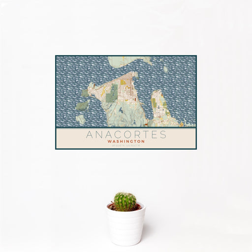 12x18 Anacortes Washington Map Print Landscape Orientation in Woodblock Style With Small Cactus Plant in White Planter