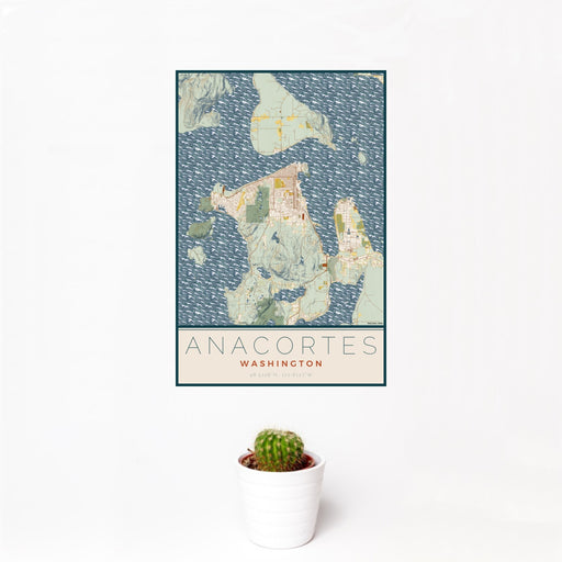 12x18 Anacortes Washington Map Print Portrait Orientation in Woodblock Style With Small Cactus Plant in White Planter