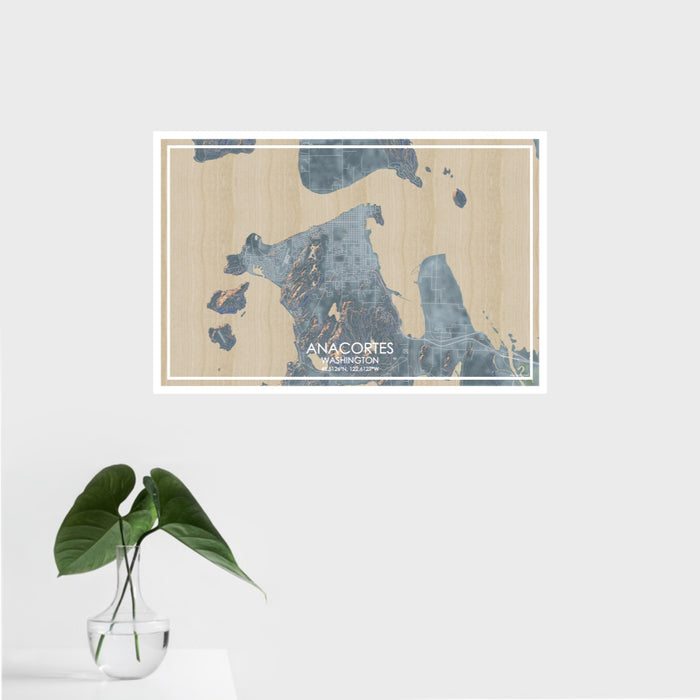 16x24 Anacortes Washington Map Print Landscape Orientation in Afternoon Style With Tropical Plant Leaves in Water
