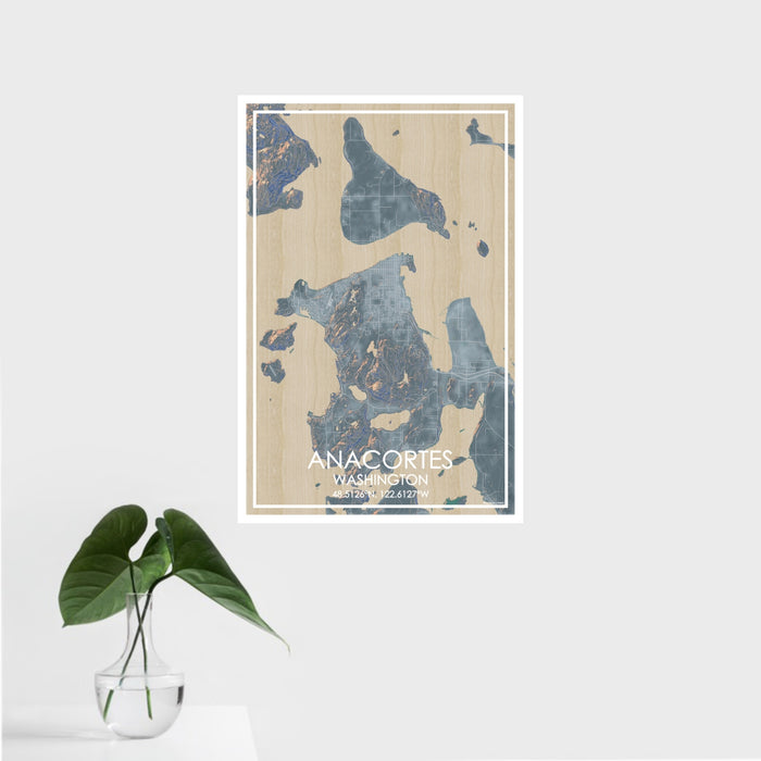 16x24 Anacortes Washington Map Print Portrait Orientation in Afternoon Style With Tropical Plant Leaves in Water