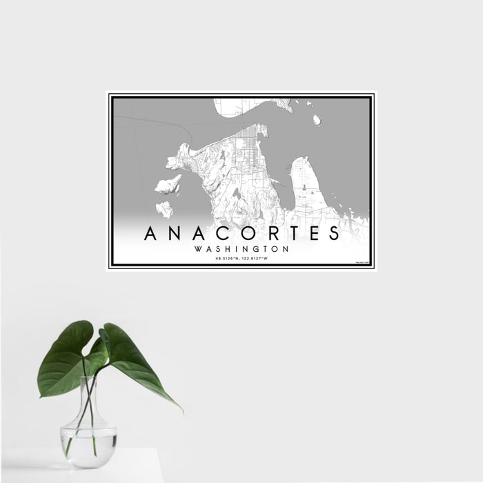 16x24 Anacortes Washington Map Print Landscape Orientation in Classic Style With Tropical Plant Leaves in Water