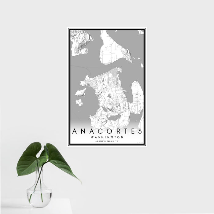 16x24 Anacortes Washington Map Print Portrait Orientation in Classic Style With Tropical Plant Leaves in Water
