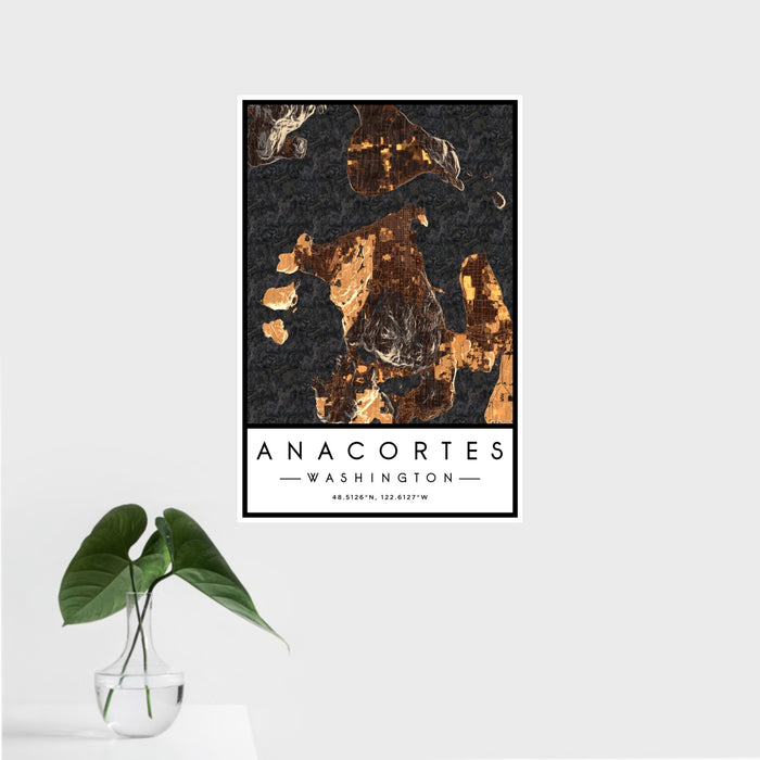 16x24 Anacortes Washington Map Print Portrait Orientation in Ember Style With Tropical Plant Leaves in Water