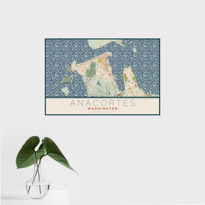 16x24 Anacortes Washington Map Print Landscape Orientation in Woodblock Style With Tropical Plant Leaves in Water