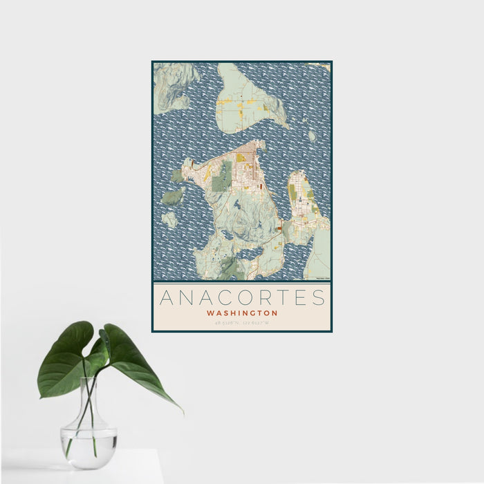 16x24 Anacortes Washington Map Print Portrait Orientation in Woodblock Style With Tropical Plant Leaves in Water