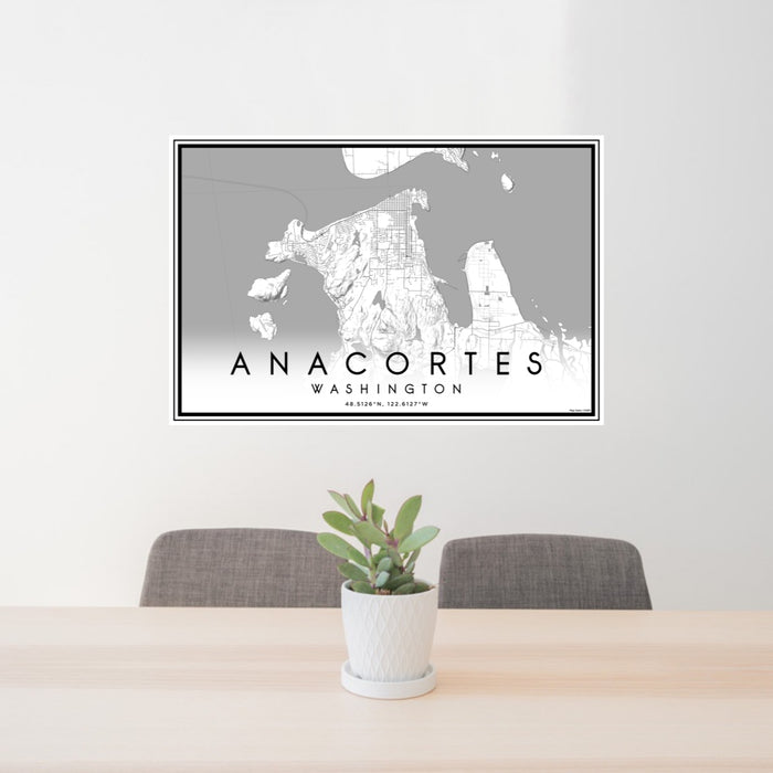 24x36 Anacortes Washington Map Print Lanscape Orientation in Classic Style Behind 2 Chairs Table and Potted Plant