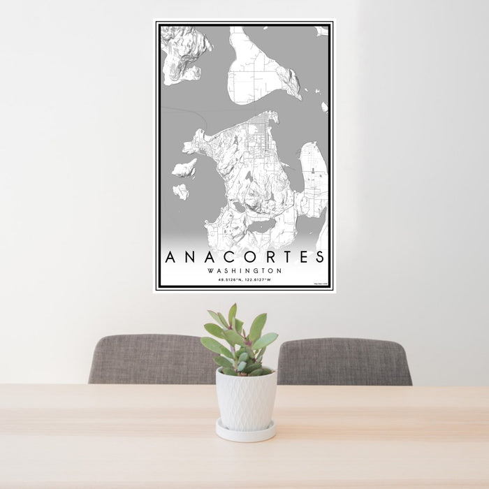 24x36 Anacortes Washington Map Print Portrait Orientation in Classic Style Behind 2 Chairs Table and Potted Plant