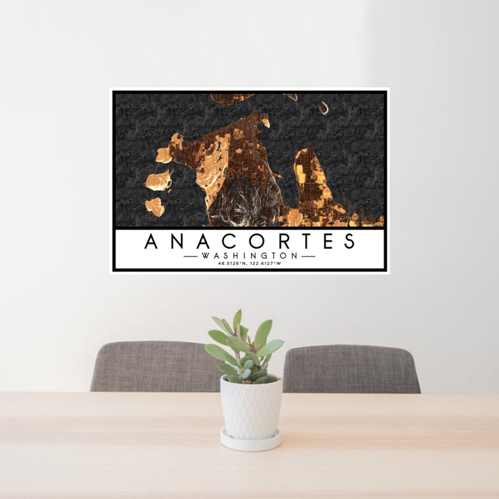 24x36 Anacortes Washington Map Print Lanscape Orientation in Ember Style Behind 2 Chairs Table and Potted Plant