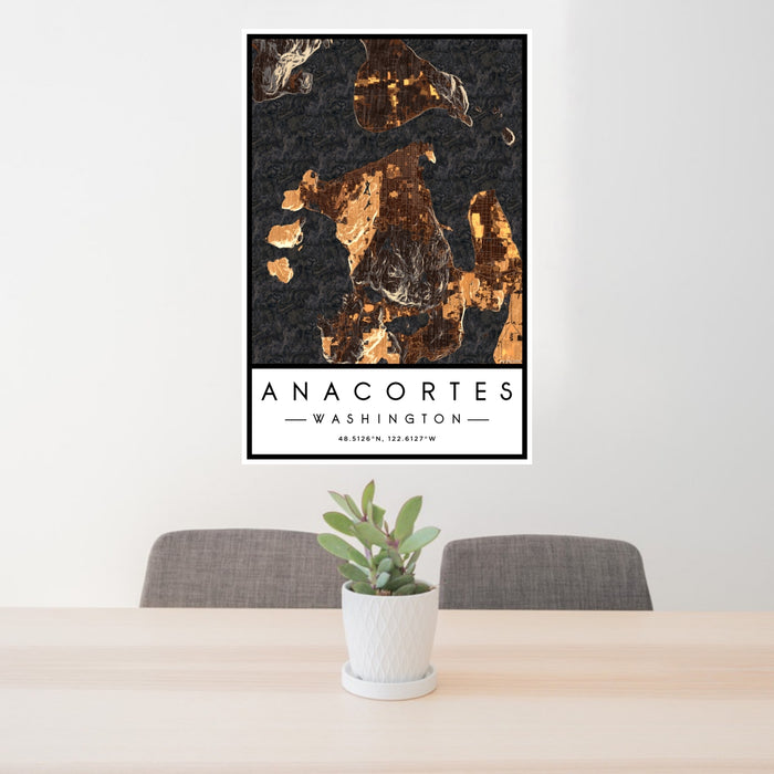 24x36 Anacortes Washington Map Print Portrait Orientation in Ember Style Behind 2 Chairs Table and Potted Plant
