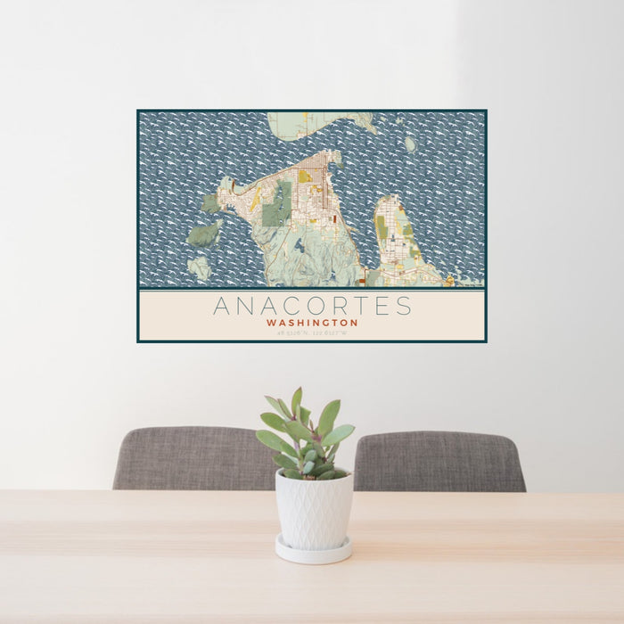 24x36 Anacortes Washington Map Print Lanscape Orientation in Woodblock Style Behind 2 Chairs Table and Potted Plant