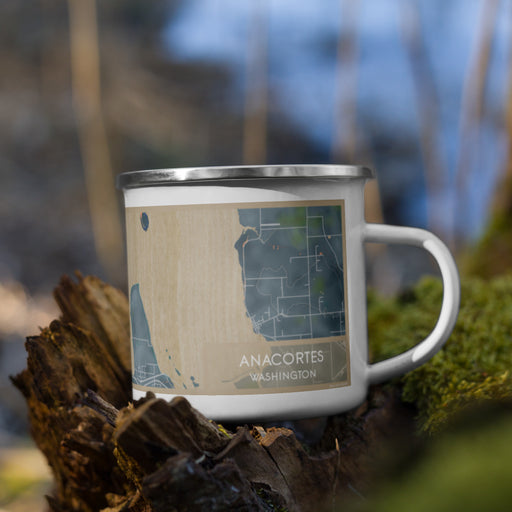 Right View Custom Anacortes Washington Map Enamel Mug in Afternoon on Grass With Trees in Background