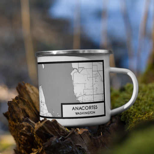 Right View Custom Anacortes Washington Map Enamel Mug in Classic on Grass With Trees in Background