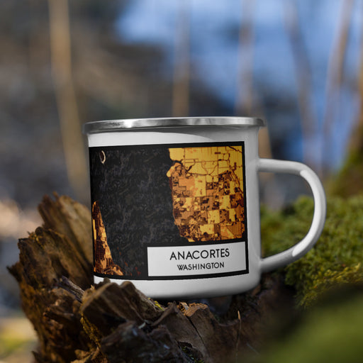 Right View Custom Anacortes Washington Map Enamel Mug in Ember on Grass With Trees in Background
