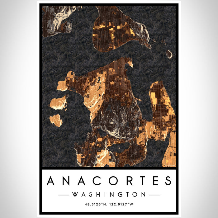 Anacortes Washington Map Print Portrait Orientation in Ember Style With Shaded Background