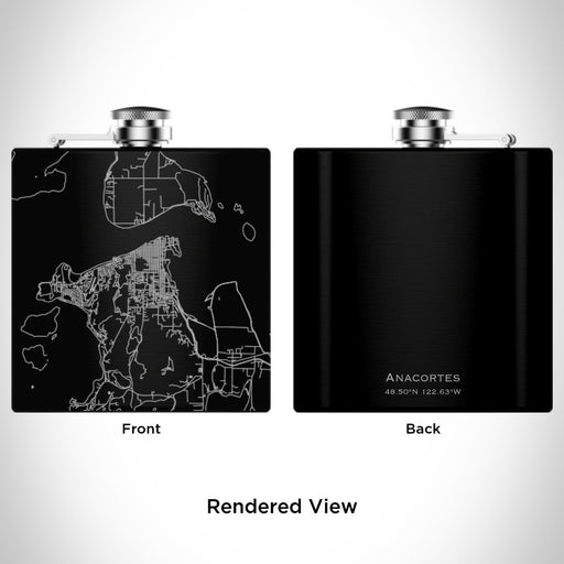 Rendered View of Anacortes Washington Map Engraving on 6oz Stainless Steel Flask in Black