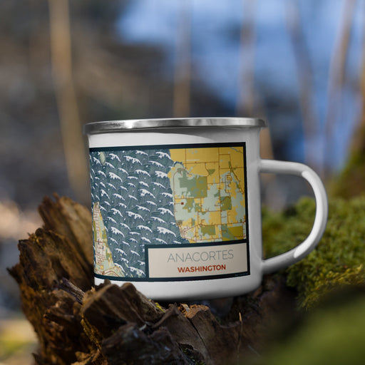Right View Custom Anacortes Washington Map Enamel Mug in Woodblock on Grass With Trees in Background