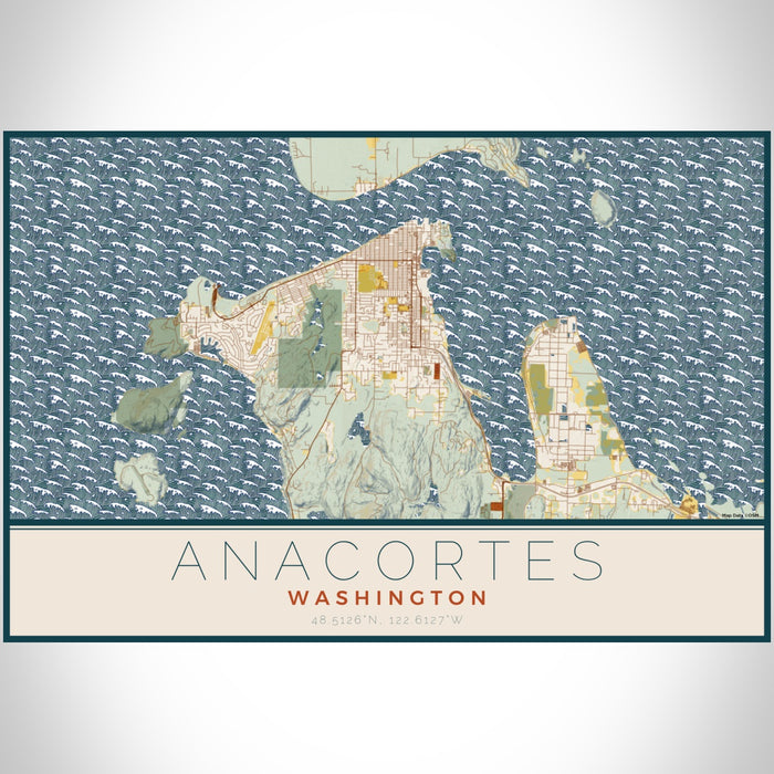 Anacortes Washington Map Print Landscape Orientation in Woodblock Style With Shaded Background