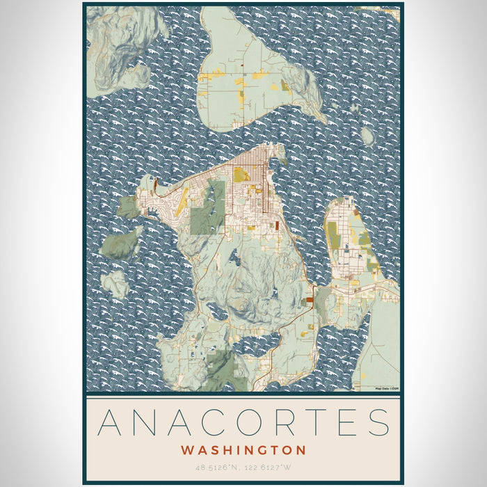 Anacortes Washington Map Print Portrait Orientation in Woodblock Style With Shaded Background
