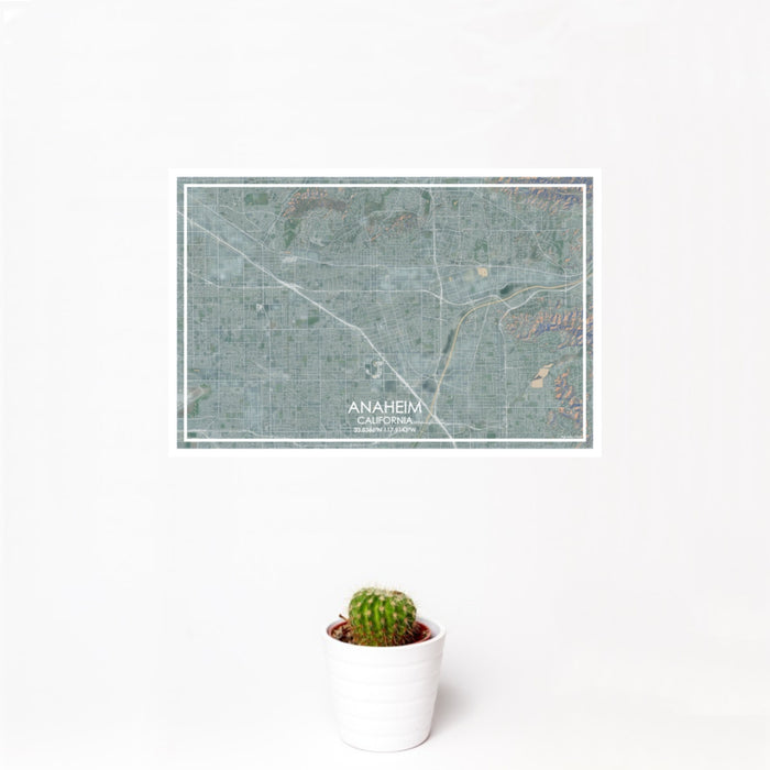12x18 Anaheim California Map Print Landscape Orientation in Afternoon Style With Small Cactus Plant in White Planter