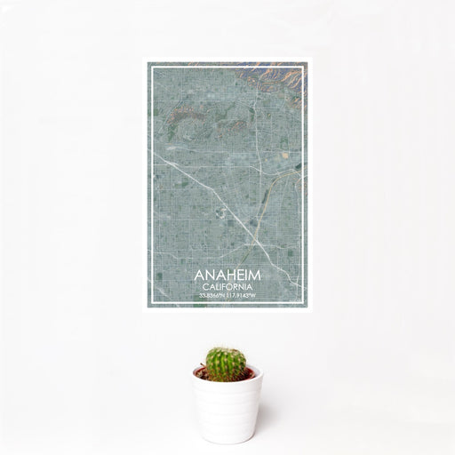 12x18 Anaheim California Map Print Portrait Orientation in Afternoon Style With Small Cactus Plant in White Planter
