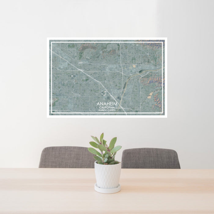 24x36 Anaheim California Map Print Lanscape Orientation in Afternoon Style Behind 2 Chairs Table and Potted Plant