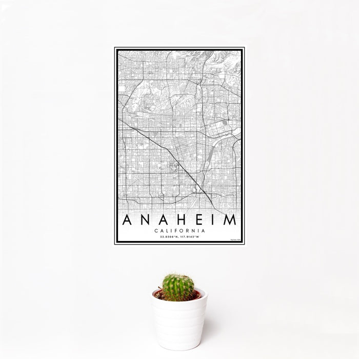 12x18 Anaheim California Map Print Portrait Orientation in Classic Style With Small Cactus Plant in White Planter