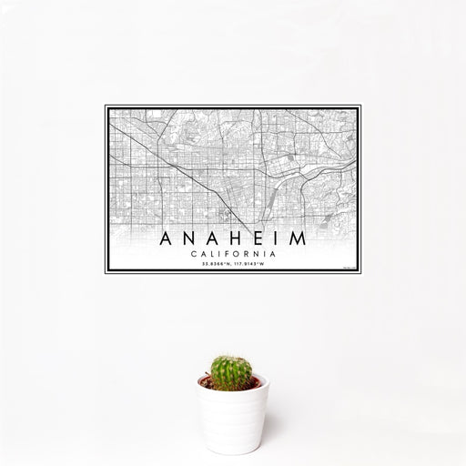 12x18 Anaheim California Map Print Landscape Orientation in Classic Style With Small Cactus Plant in White Planter