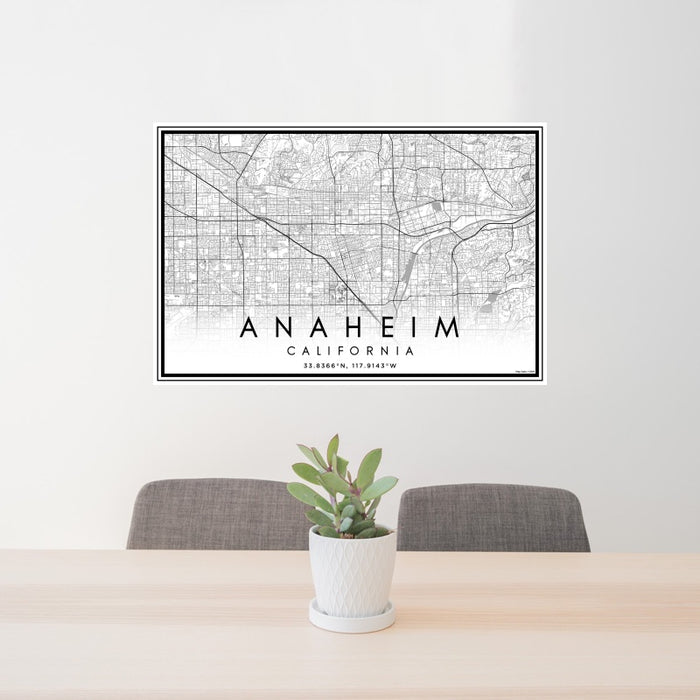 24x36 Anaheim California Map Print Landscape Orientation in Classic Style Behind 2 Chairs Table and Potted Plant