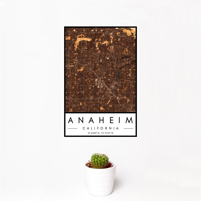 12x18 Anaheim California Map Print Portrait Orientation in Ember Style With Small Cactus Plant in White Planter
