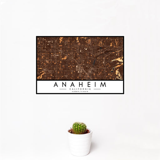 12x18 Anaheim California Map Print Landscape Orientation in Ember Style With Small Cactus Plant in White Planter