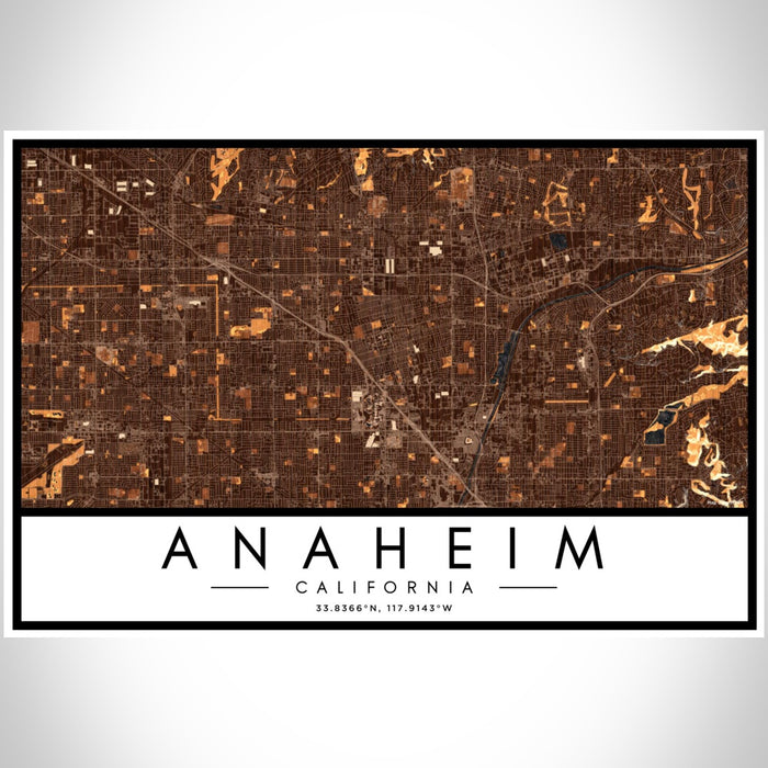 Anaheim California Map Print Landscape Orientation in Ember Style With Shaded Background