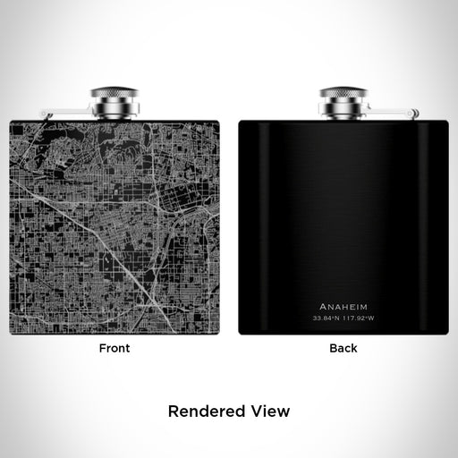 Rendered View of Anaheim California Map Engraving on 6oz Stainless Steel Flask in Black
