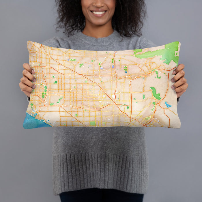 Person holding 20x12 Custom Anaheim California Map Throw Pillow in Watercolor