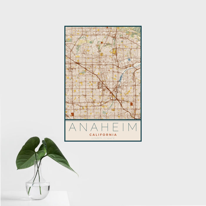 16x24 Anaheim California Map Print Portrait Orientation in Woodblock Style With Tropical Plant Leaves in Water