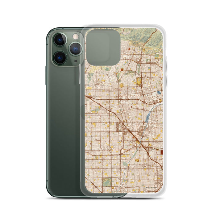 Custom Anaheim California Map Phone Case in Woodblock on Table with Laptop and Plant