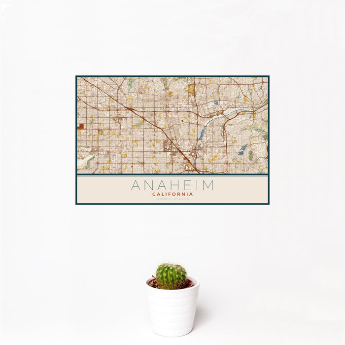 12x18 Anaheim California Map Print Landscape Orientation in Woodblock Style With Small Cactus Plant in White Planter