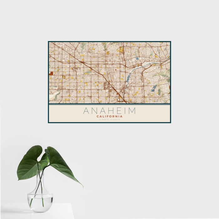 16x24 Anaheim California Map Print Landscape Orientation in Woodblock Style With Tropical Plant Leaves in Water