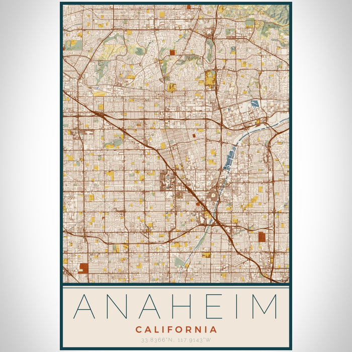 Anaheim California Map Print Portrait Orientation in Woodblock Style With Shaded Background