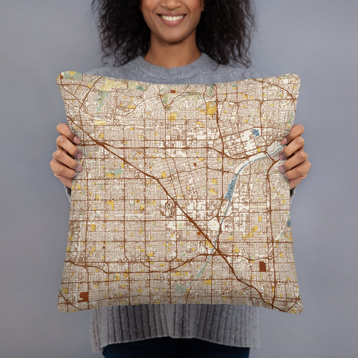 Person holding 18x18 Custom Anaheim California Map Throw Pillow in Woodblock