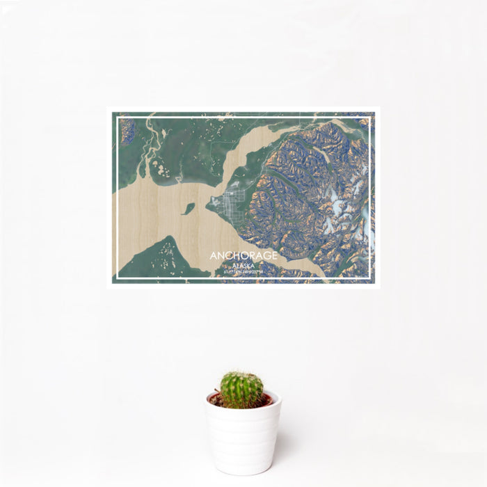 12x18 Anchorage Alaska Map Print Landscape Orientation in Afternoon Style With Small Cactus Plant in White Planter